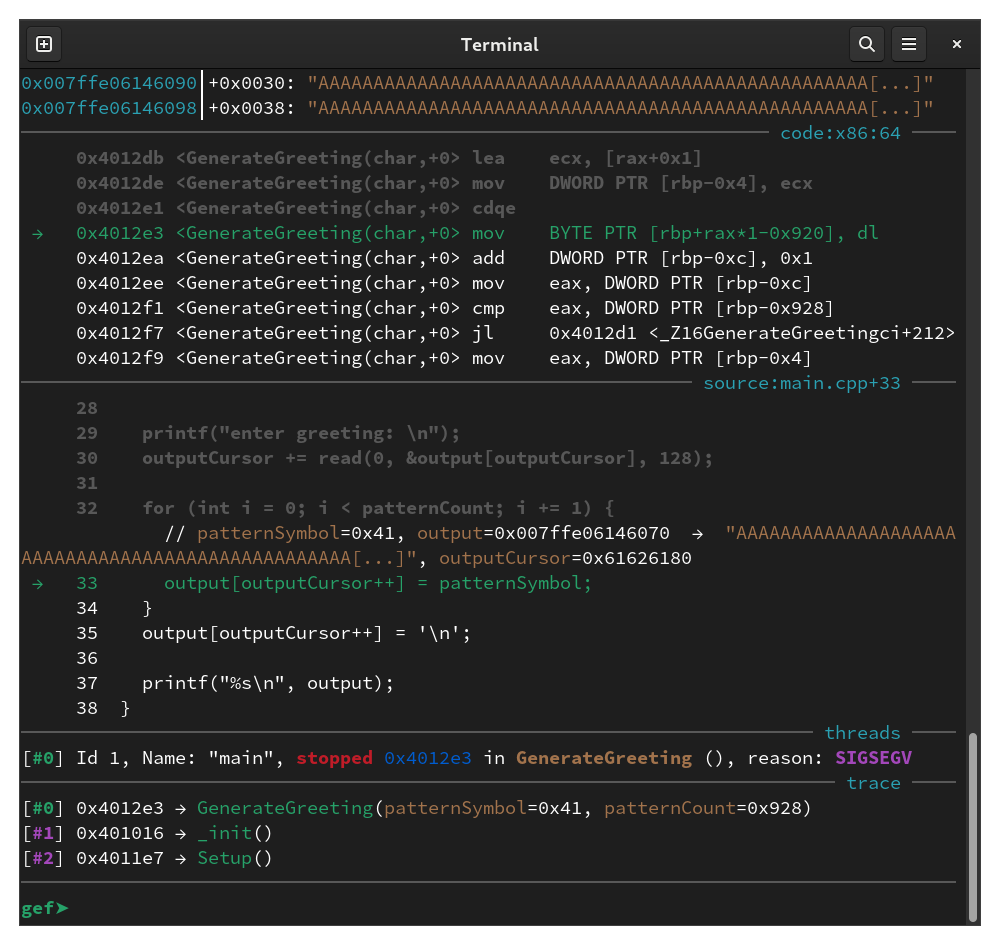 Screenshot of GDB showing the segfault