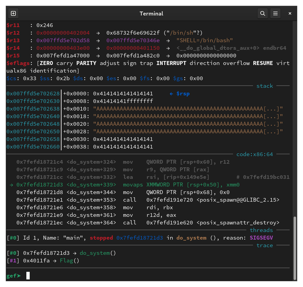 Screenshot of GDB showing the segfault on a <code>movaps</code> instruction